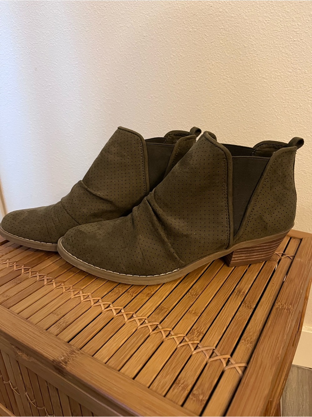 Report Olive Green Perforated Suede Ankle Booties